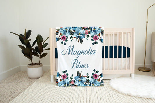 Personalized Baby Blanket, Blue Magnolia Blossom