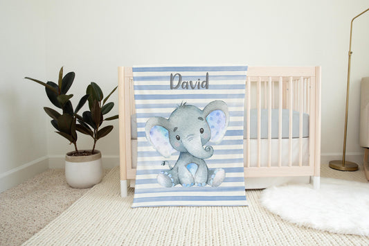 Blue Elephant Personalized Baby Boy Blanket