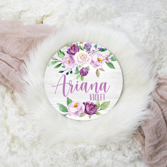 Violet Floral Round Wood Name Sign, F21