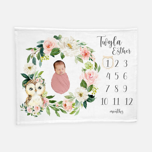 Owl Girl Milestone Blanket, Blush Cream Floral Owl W21