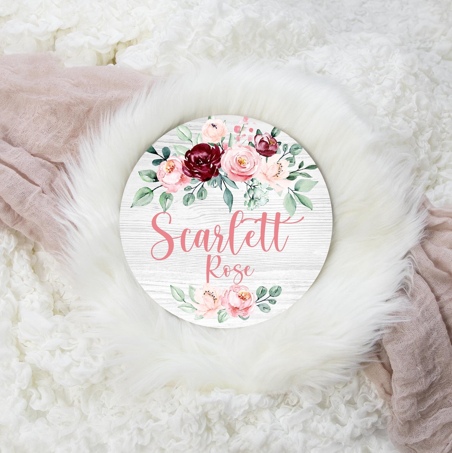 Girl Round Wood Name Sign, Burgundy and Blush Floral F25