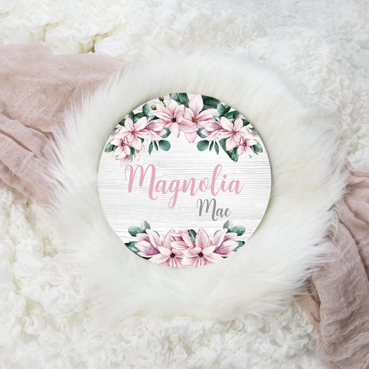 Magnolia Floral Round Wood Name Sign, Pink F4