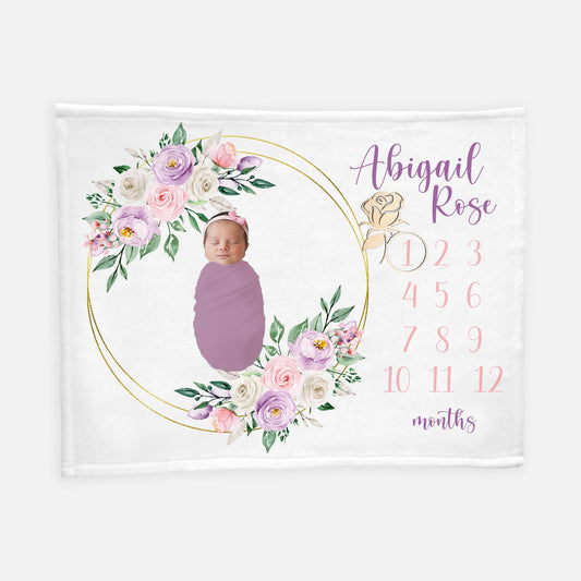 Pink and Purple Floral Roses Baby Milestone Blanket, F20