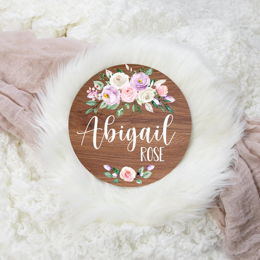 Pink and Purple Floral Round Wood Name Sign, F20