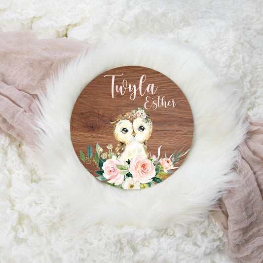 Round Wood Name Sign, Girl Woodland Owl, Blush and Cream Floral W21