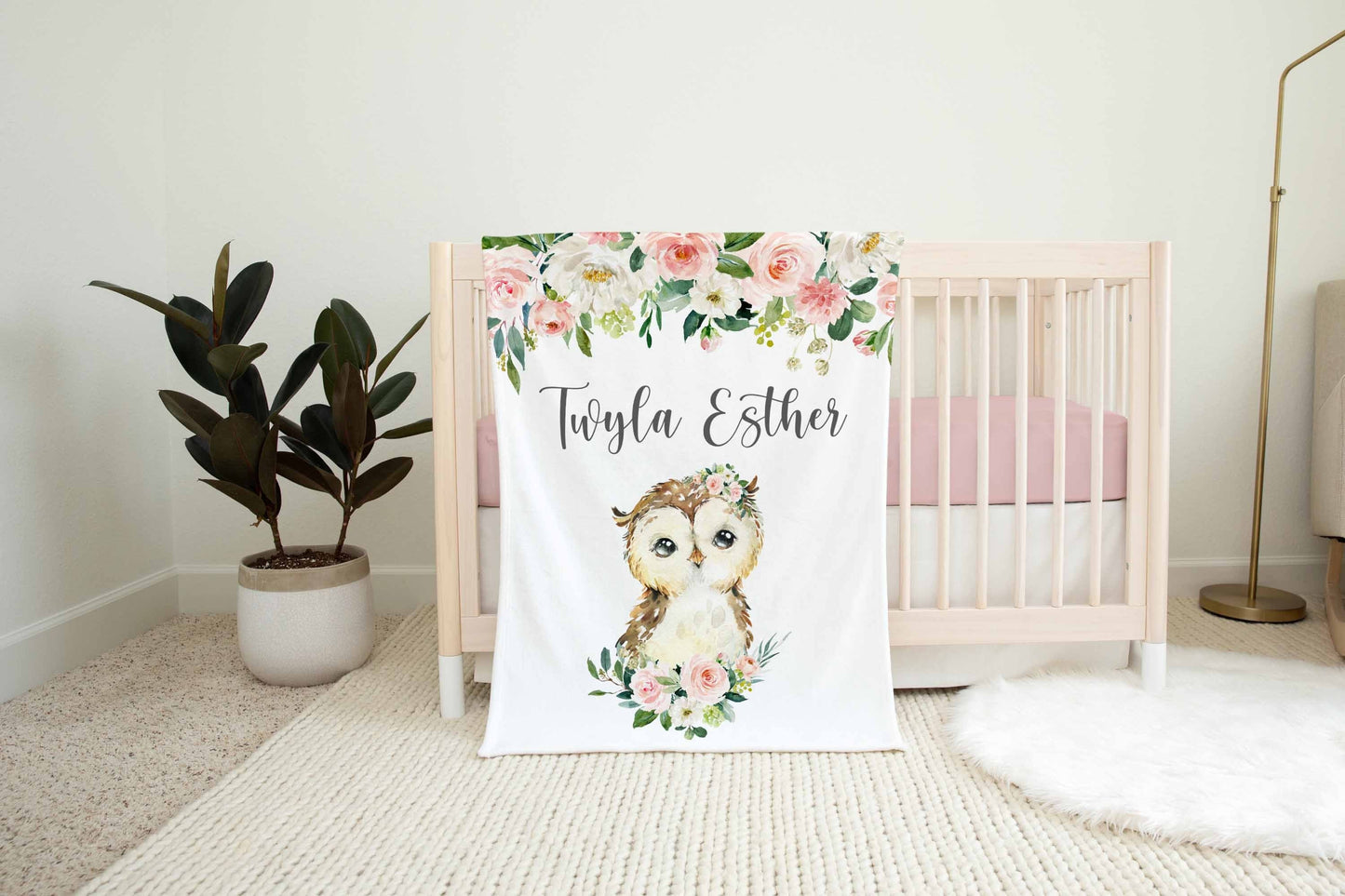 Owl Nursery Baby Blanket, Girl Blush Cream Floral, W21