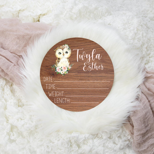 Owl Round Wood Birth Stat Sign, Girl, W21