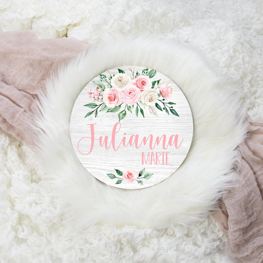 Blush Pink Floral Round Wood Name Sign, F31