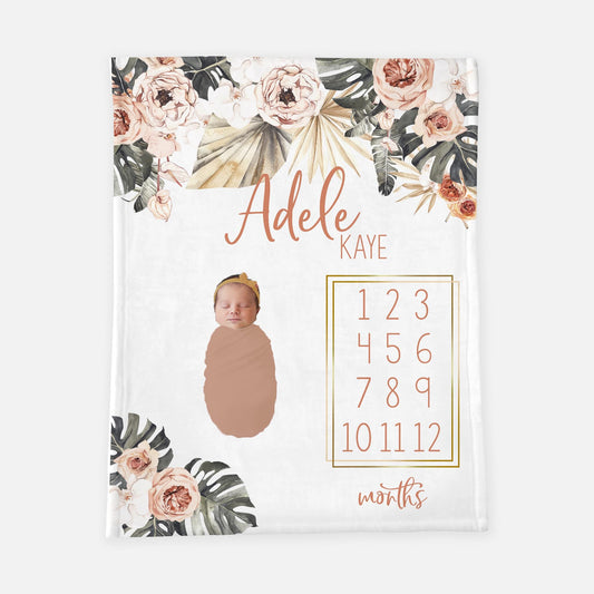 Modern Tropical Boho Floral Palm Milestone Blanket, F29