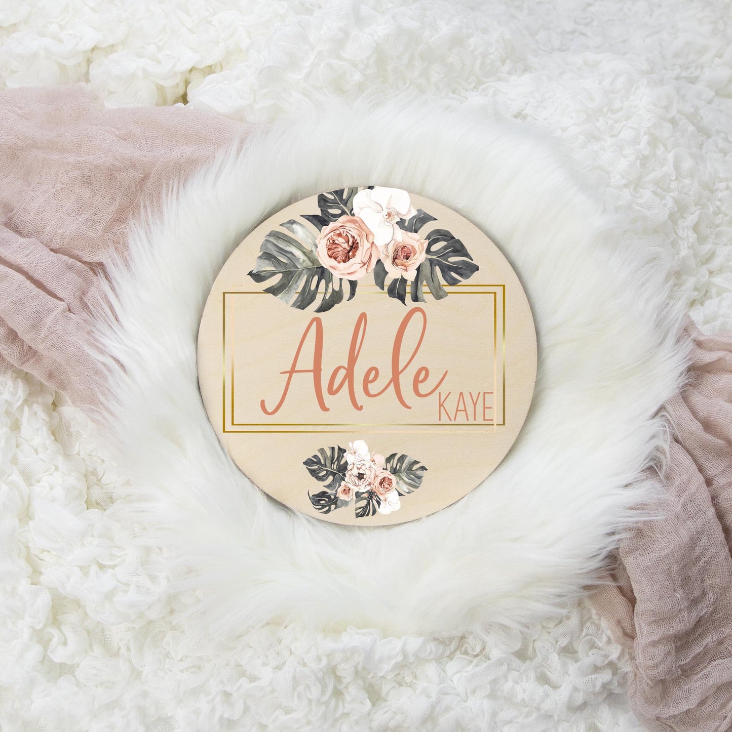 Boho Palm Tropical Round Wood Name Sign, F29