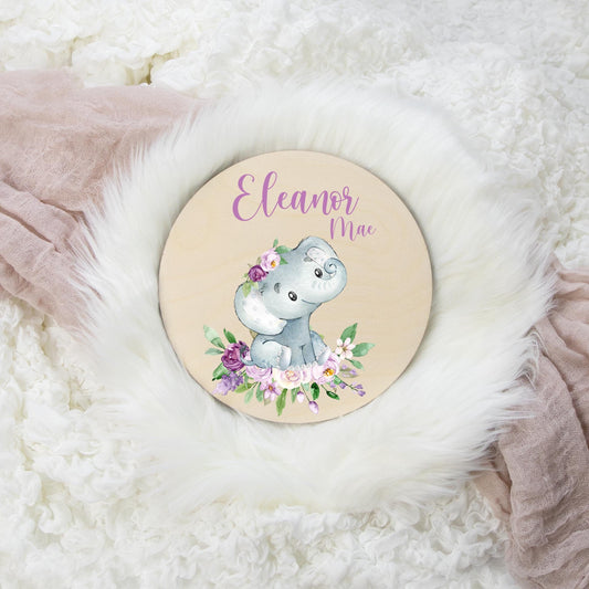 Elephant Round Wood Name Sign, Violet S17