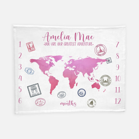 Girl World Map Baby Milestone Blanket, You Are Our Greatest Adventure Blanket