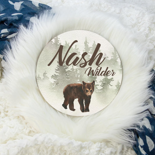 Round Wood Name Sign, Woodland Brown Bear Name Sign W11