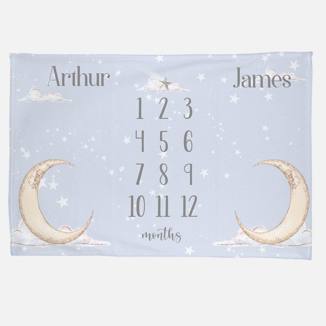 Luna Moon and Stars Baby Boy Twin Milestone Blanket, T17