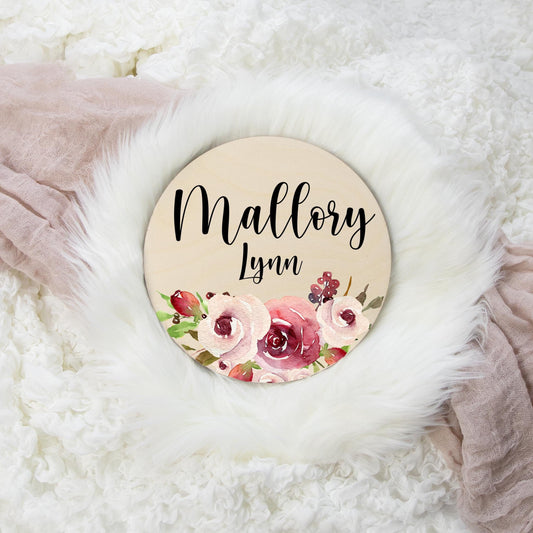 Floral Round Wood Name Sign, Burgundy and Blush F45