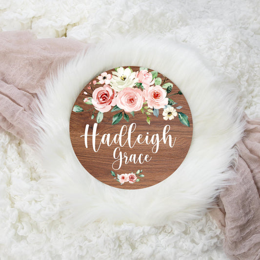 Blush Floral Round Wood Name Sign, Peach and Rose Gold