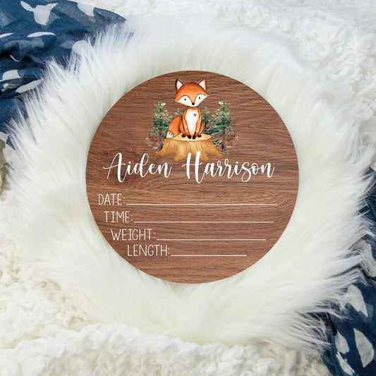 Woodland Fox Wooden Birth Stat Sign W3