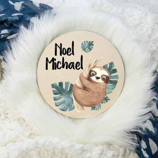 Sloth Round Wood Name Sign, S33