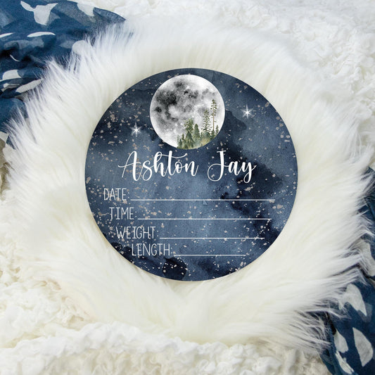 Moon Forest Nursery, Boy Moon Wooden Birth Stat Sign T6