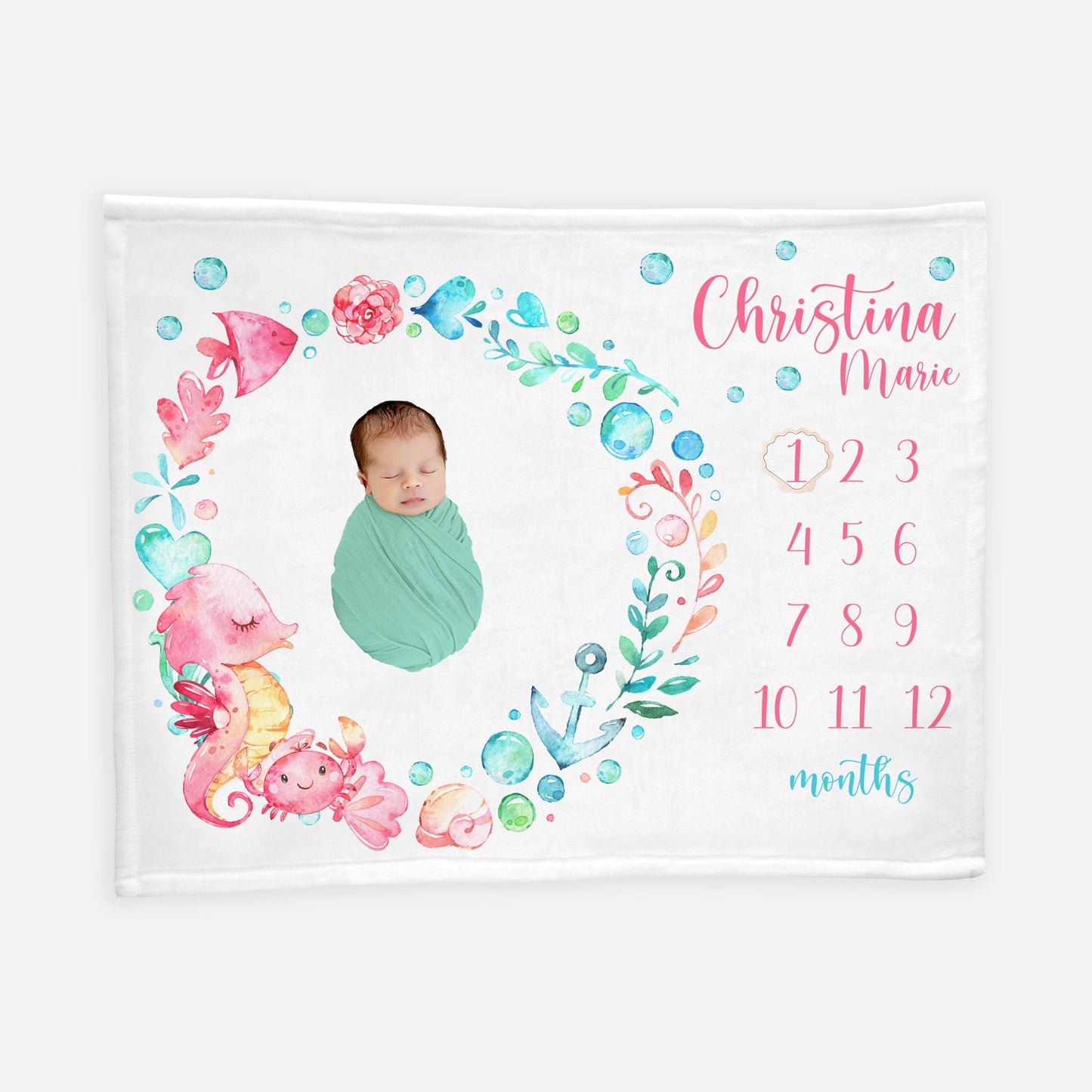 Sea Horse Baby Girl Blanket, Under The Sea Milestone Blanket, O5