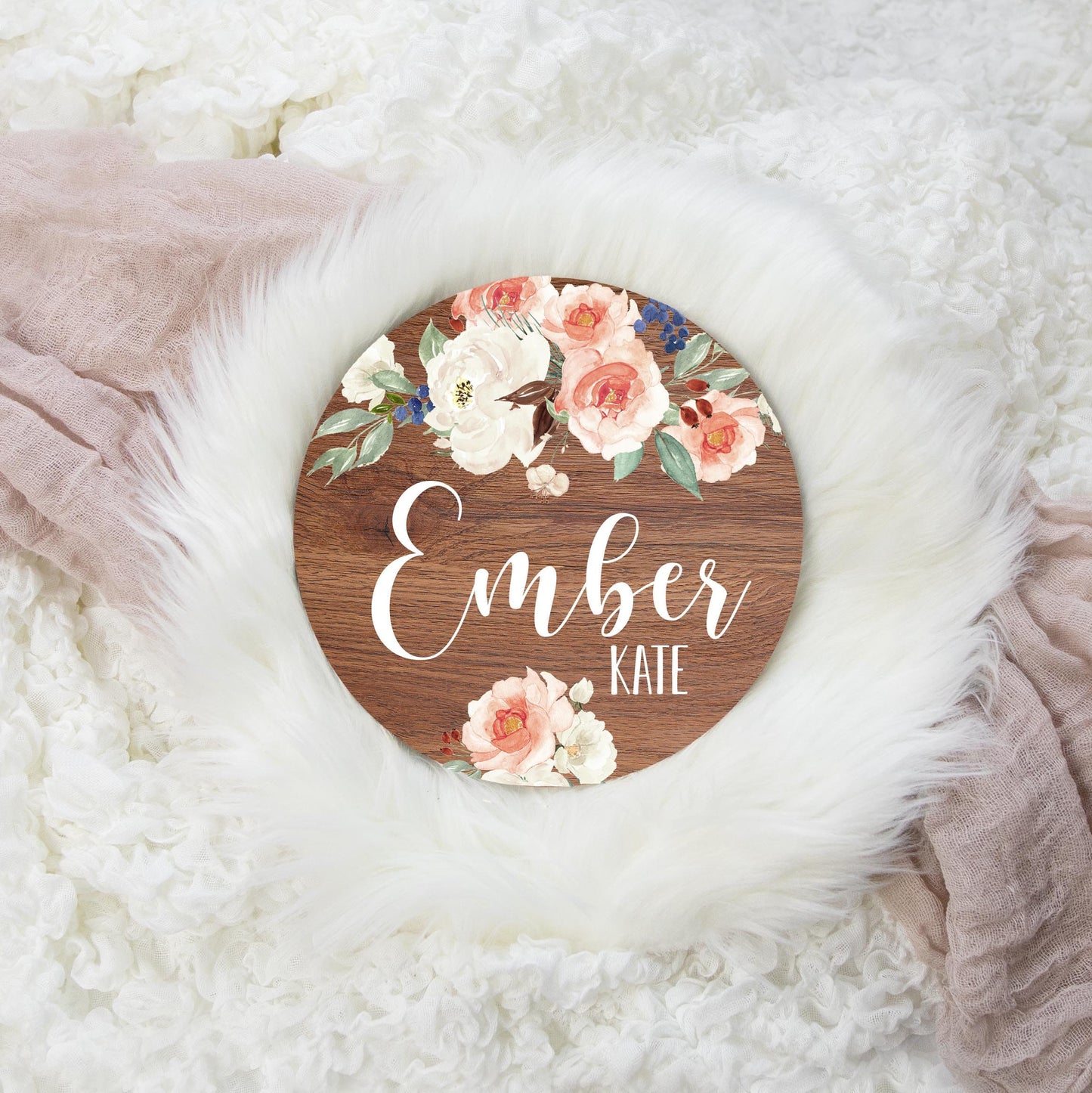 Ivory Peach Floral Round Wood Name Sign, Rose Gold F36