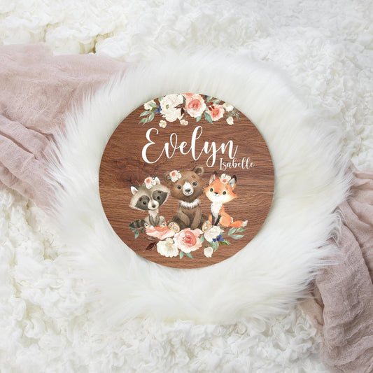 Round Wood Name Sign, Girl Woodland Bear Fox Raccoon Sign W5