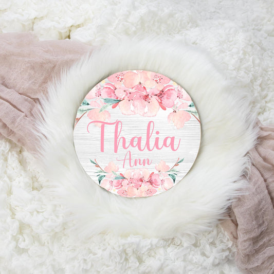 Cherry Blossom Floral Round Wood Name Sign F27