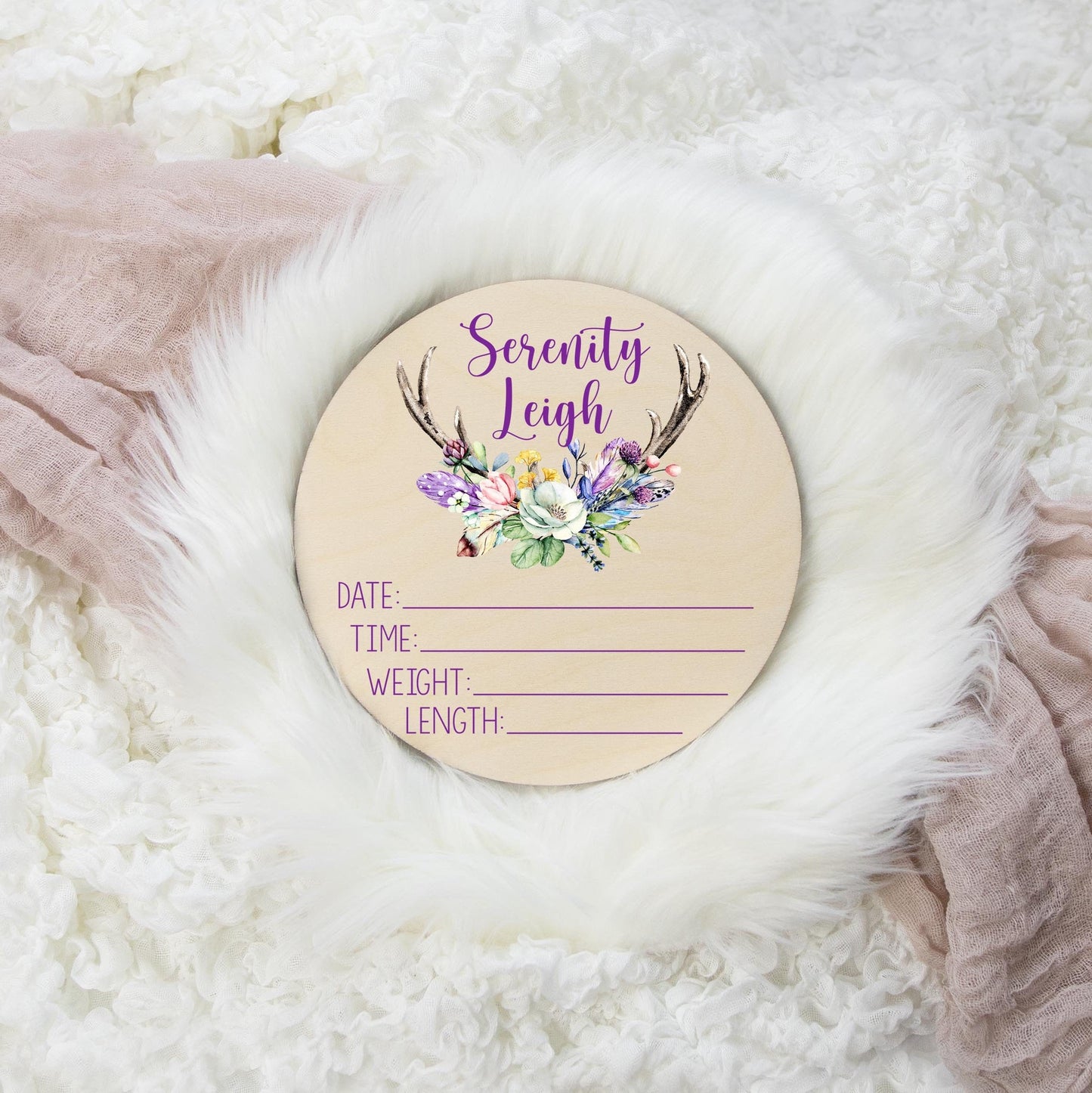 Woodland Floral Antlers Wooden Birth Stat Sign