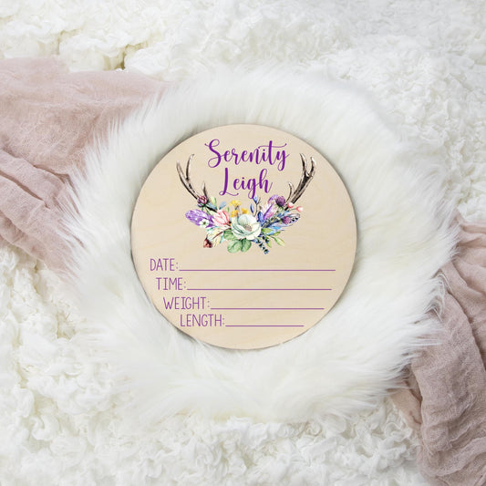 Woodland Floral Antlers Wooden Birth Stat Sign