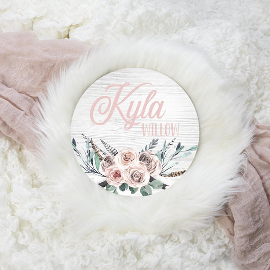 Neutral Boho Feather Round Wood Name Sign, F54