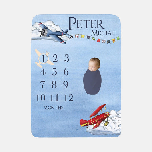 Airplane Baby Milestone Blanket, Personalized Planes and Clouds Milestone Boy Blanket, T23