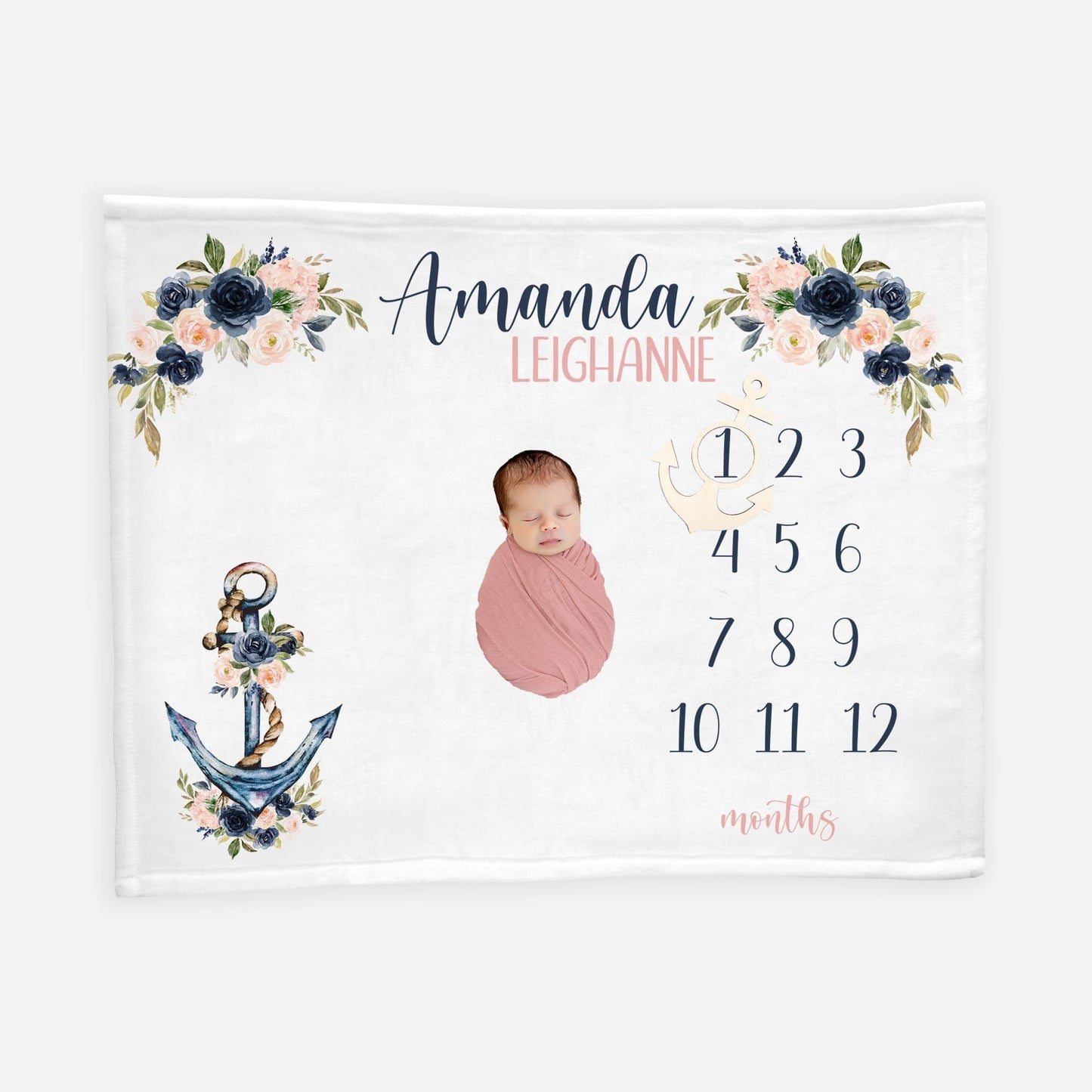 Anchor Baby Girl Blanket, Nautical Navy Blush Floral Girl Milestone Blanket O15