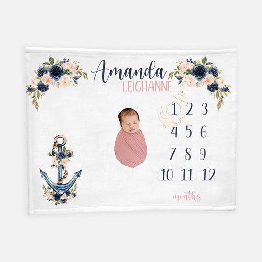 Anchor Baby Girl Blanket, Nautical Navy Blush Floral Girl Milestone Blanket O15