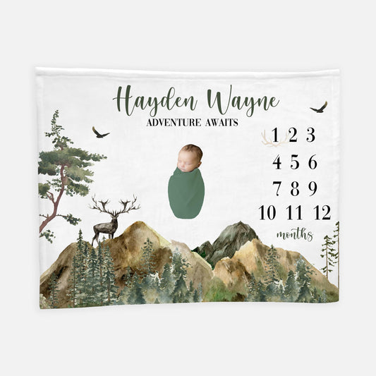 Woodland Milestone Blanket, Mountain Forest Stag Baby Boy Blanket W7