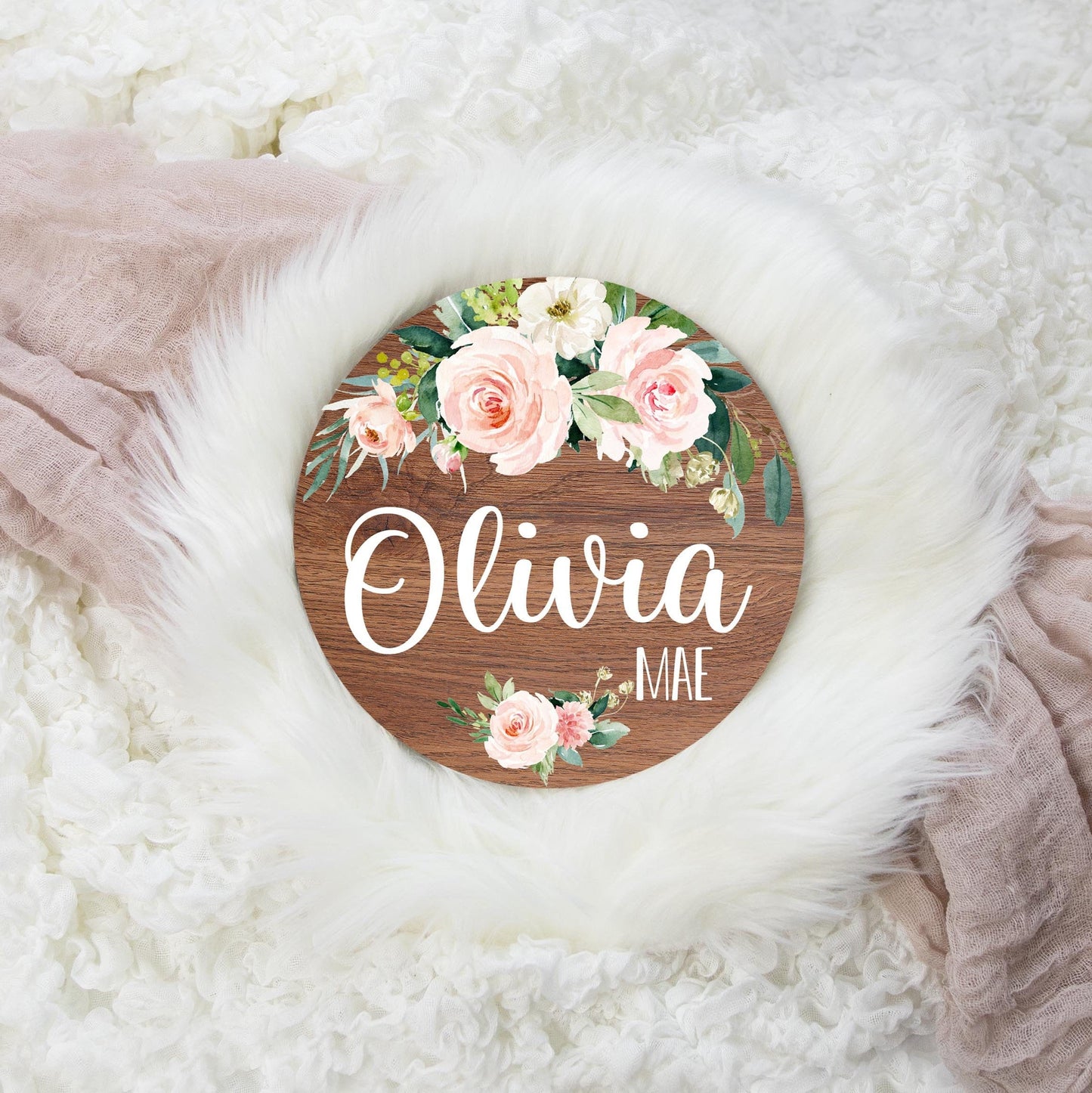 Blush and Cream Floral Round Wood Name Sign, F32