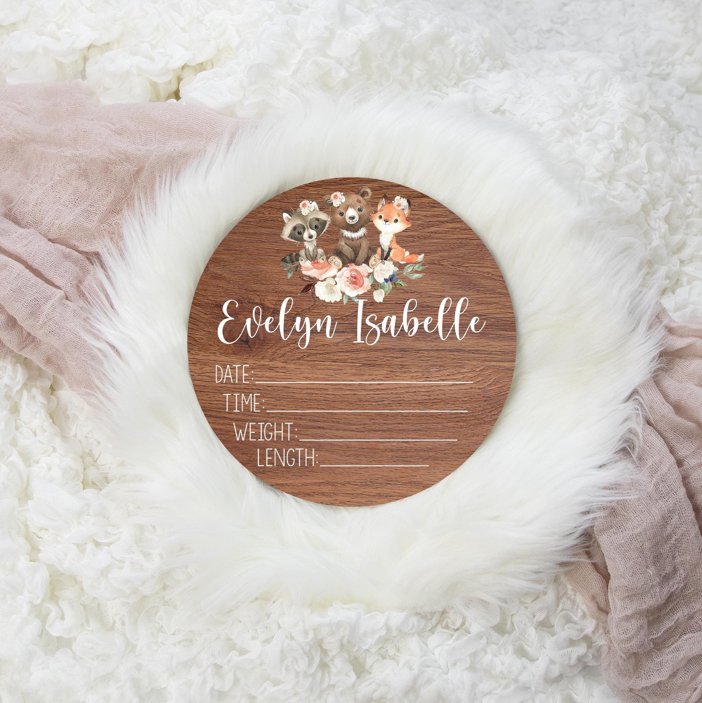 Stat Sign Girl Woodland Round Wood Birth Stat Sign, W5 – The Little Blue Lion