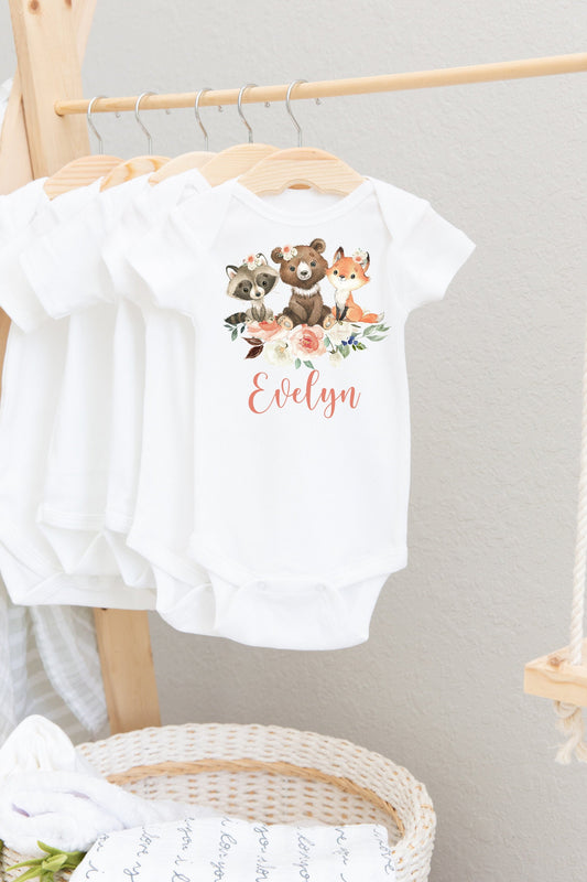 Girl Woodland Animals Baby Bodysuit, Bodysuit, Baby Shower Gift, Pregnancy Reveal Baby Shirt, Baby One Piece, Woodland Baby Outfit W5