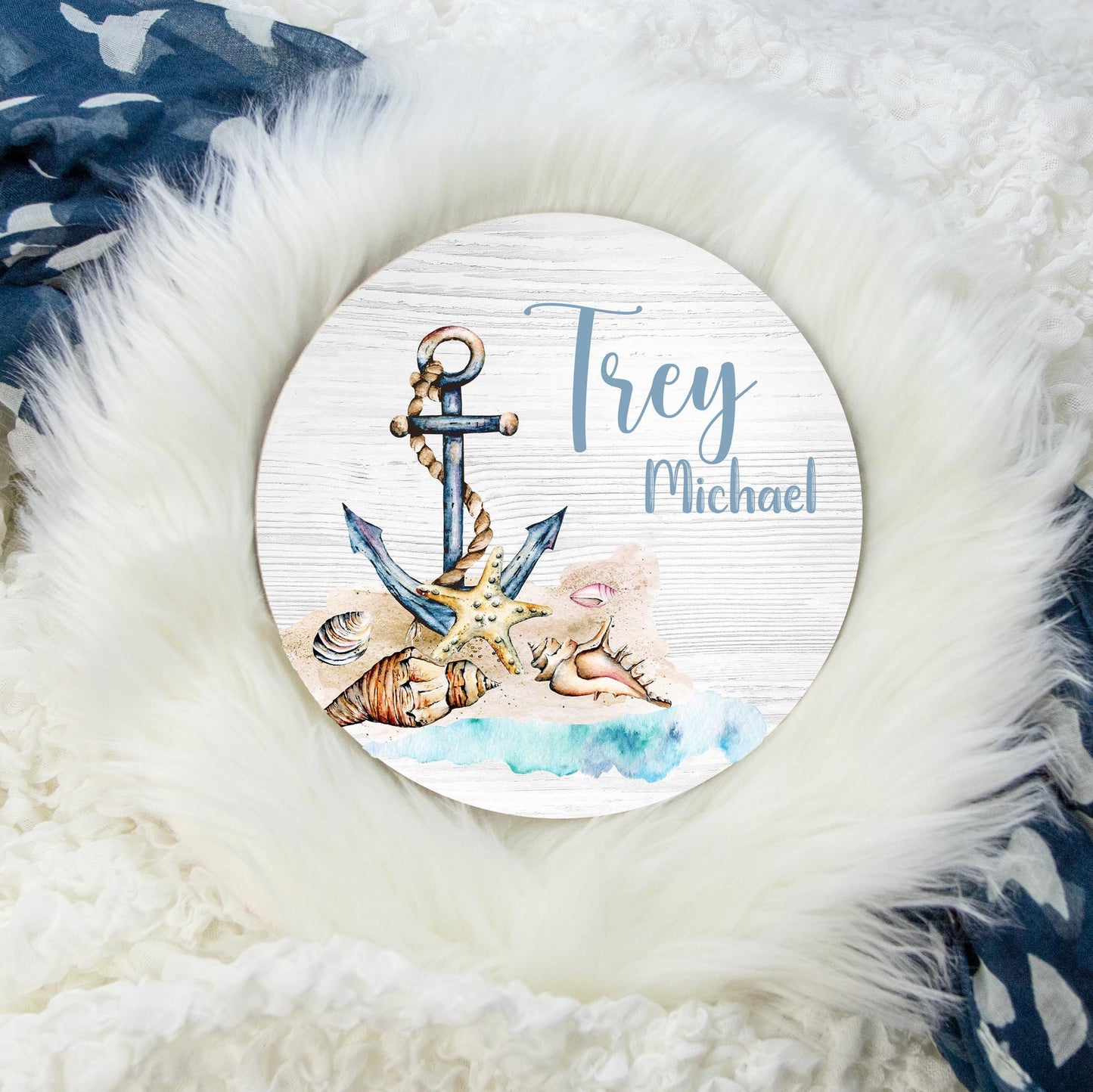 Round Wood Name Sign, Nautical Anchor Boy O16