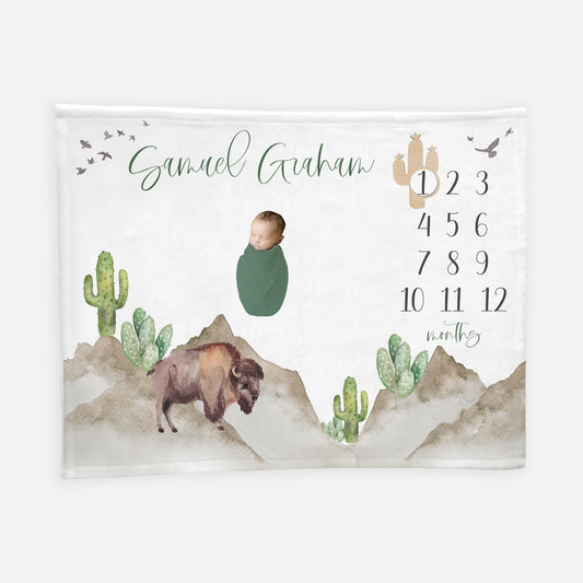 Mountain Bison Buffalo Cactus Baby Milestone Blanket M12