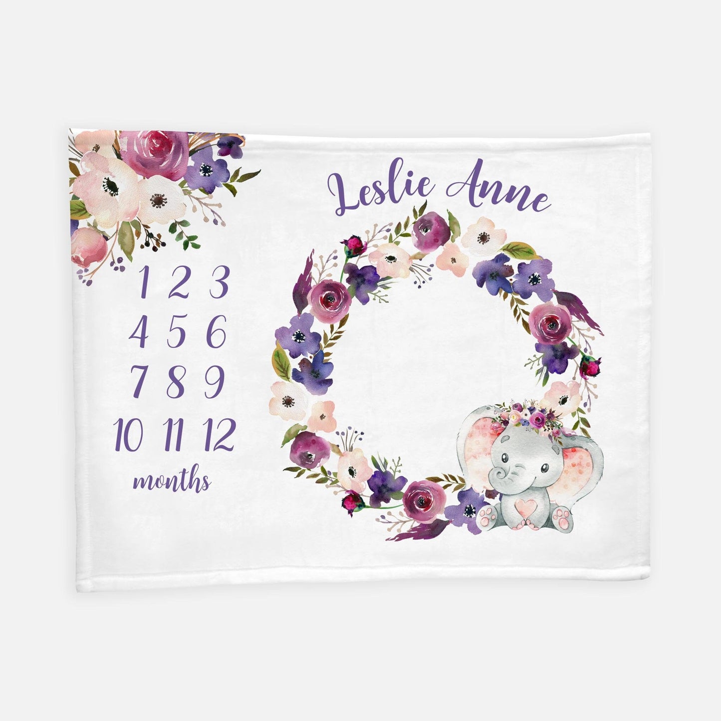 Elephant Purple Floral Wreath Baby Milestone Blanket, S16