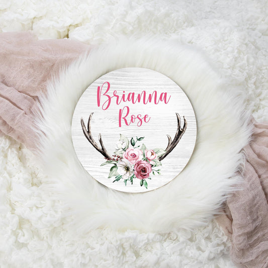 Round Wood Name Sign, Woodland Boho Antler Nursery W23