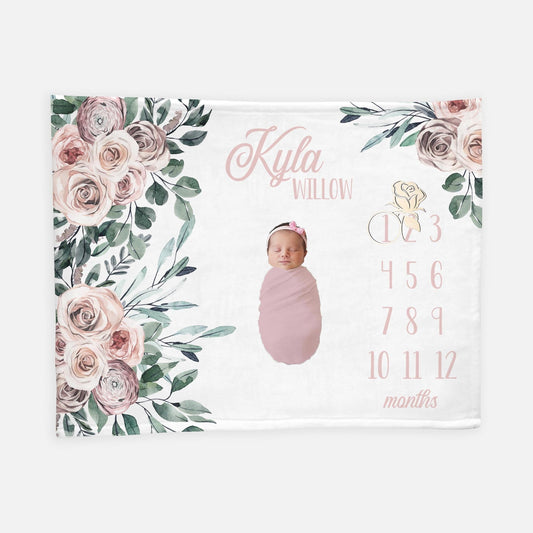 Baby Girl Milestone Blanket, Vintage Roses Boho Girl Floral Blanket F54