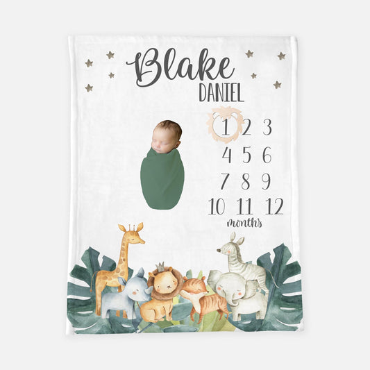 Safari Baby Milestone Baby Boy Blanket, Jungle Baby Blanket S4