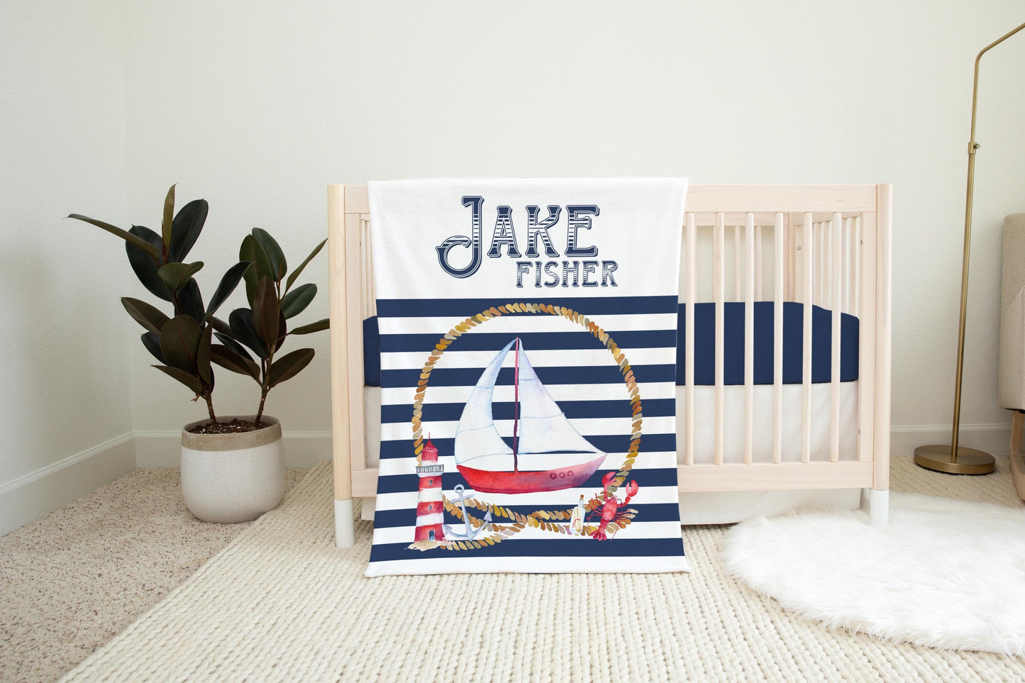 Sailboat Boy Blanket, Nautical Crib Bedding, O14