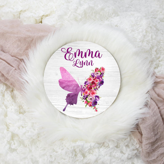 Purple Floral Butterfly Wood Baby Name Sign, G7