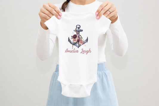 Anchor Baby Bodysuit, Floral Nautical Girl Baby Outfit O17