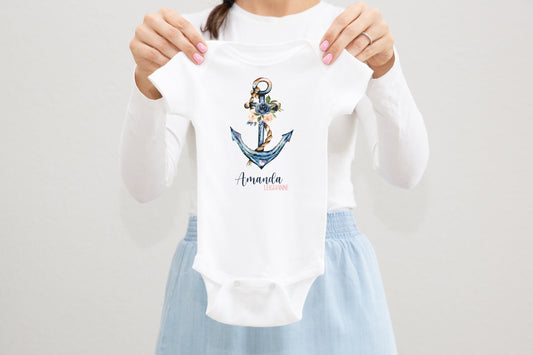 Anchor Baby Bodysuit, Floral Nautical Girl Baby One Piece O15