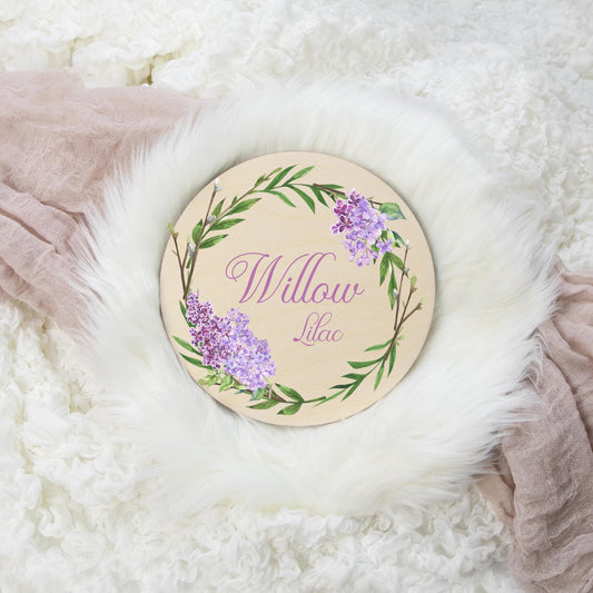 Willow and Lilac Floral Round Wood Name Sign