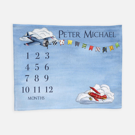 Airplane Baby Milestone Blanket, Planes and Clouds Milestone Boy Blanket, T23