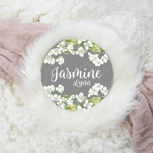 Jasmine Floral Round Wood Name Sign, White F44